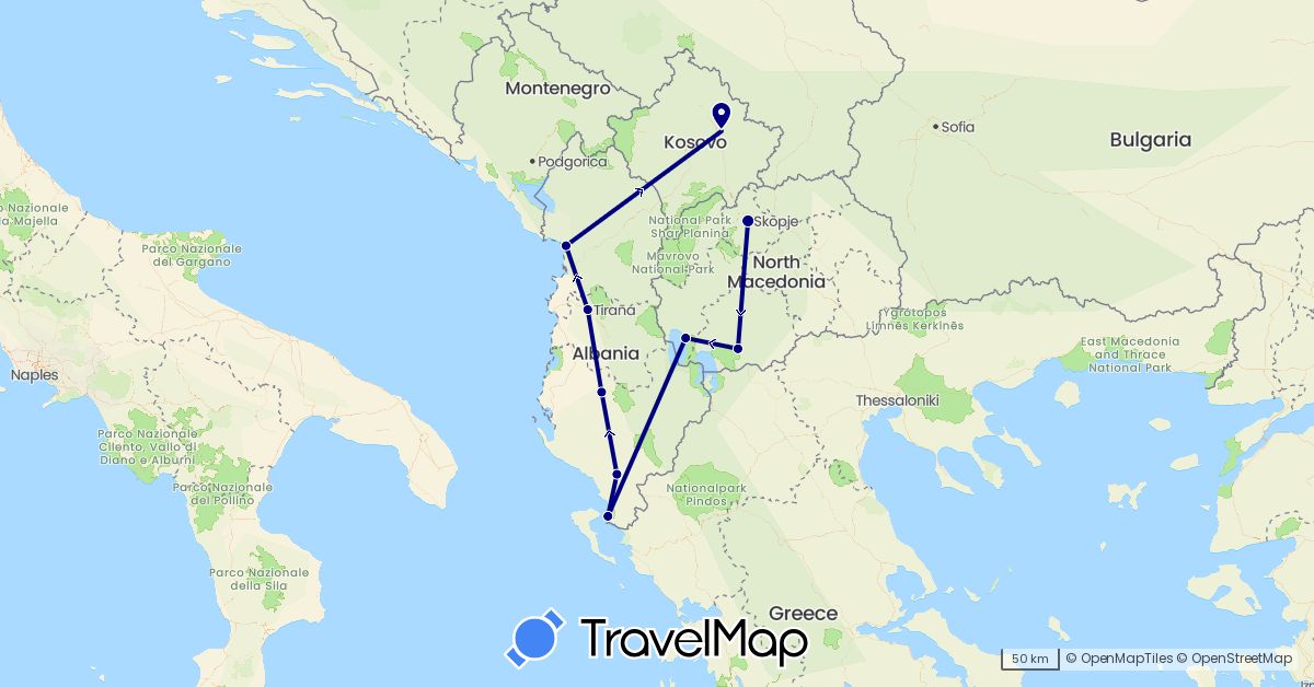 TravelMap itinerary: driving in Albania, Macedonia, Kosovo (Europe)